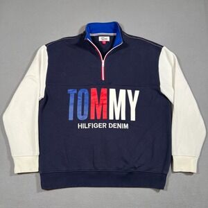 Tommy Hilfiger Sweater Mens L Blue White Sleeves 1/4 Zip Sweatshirt Big Logo Y2K
